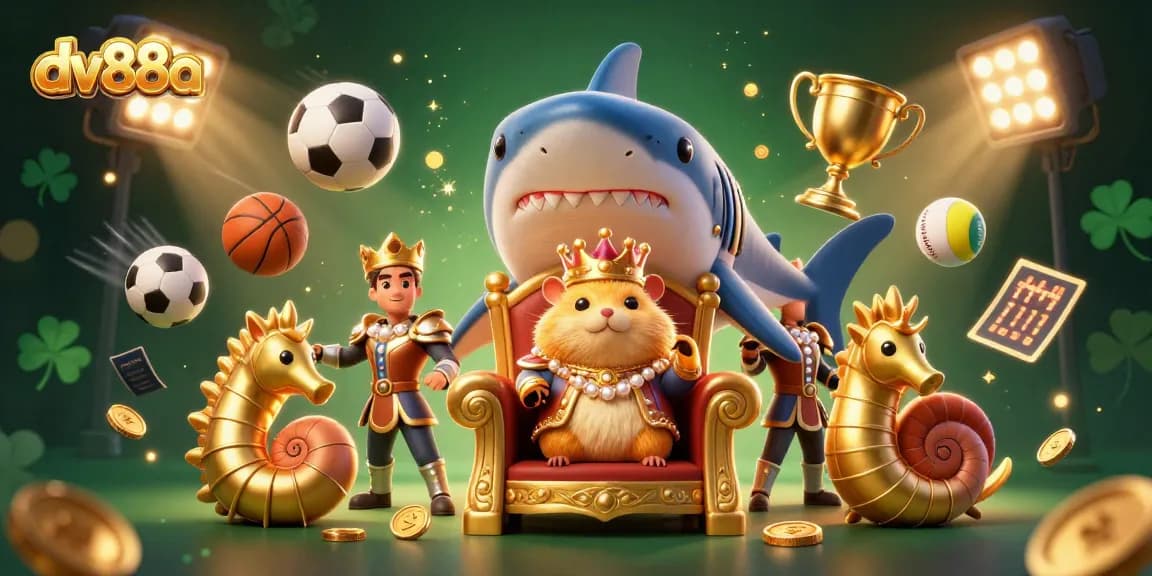 Experience thrilling sports betting with dv88a's vibrant illustration featuring a golden hamster king and dynamic game elements.