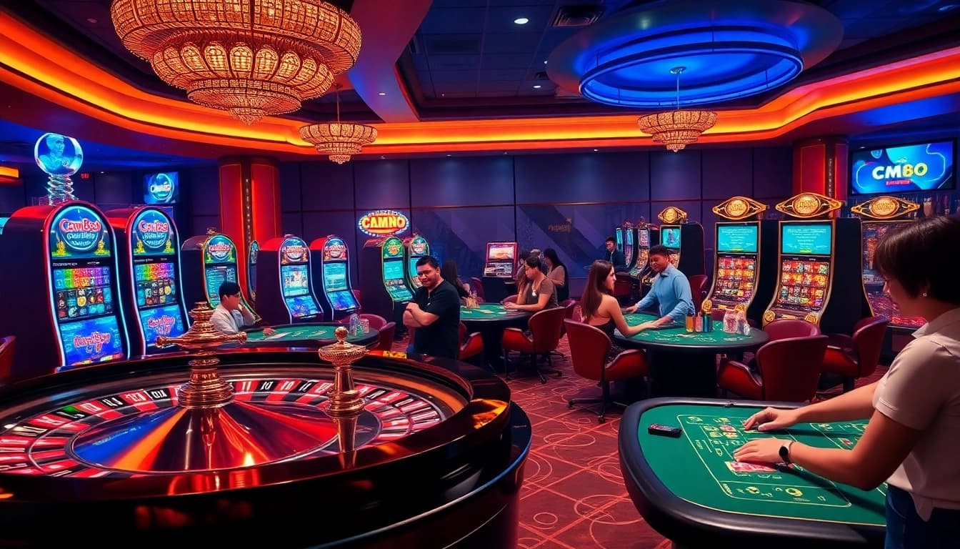 Engaged players enjoying a luxurious gaming experience at cm88 com online casino, featuring poker tables and roulette.