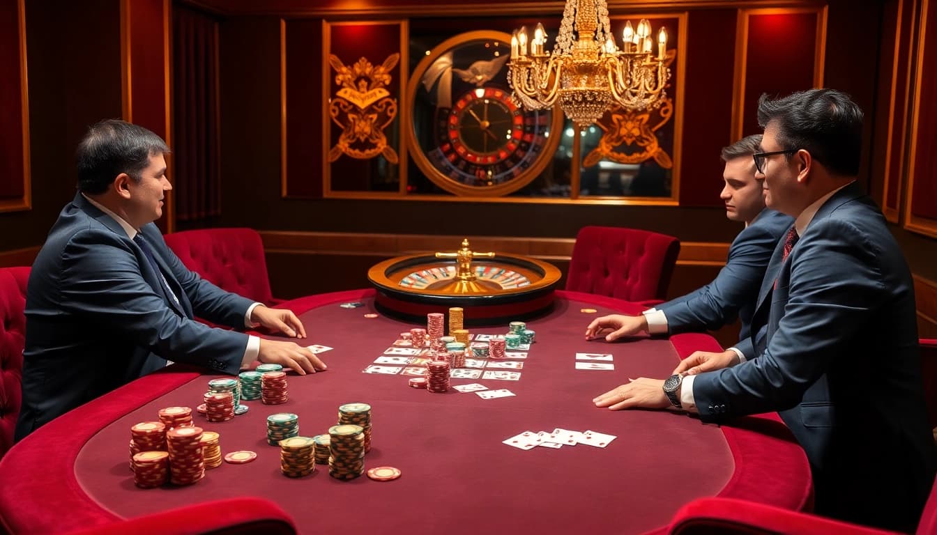 Players enjoying a thrilling poker game at THABET, showcasing colorful chips and cards.