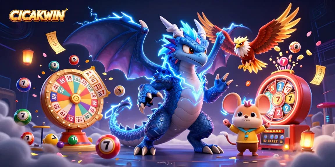 CICAKWIN showcases vibrant 3D casino elements with a thunder dragon, lottery balls, and golden tickets for immersive gameplay.