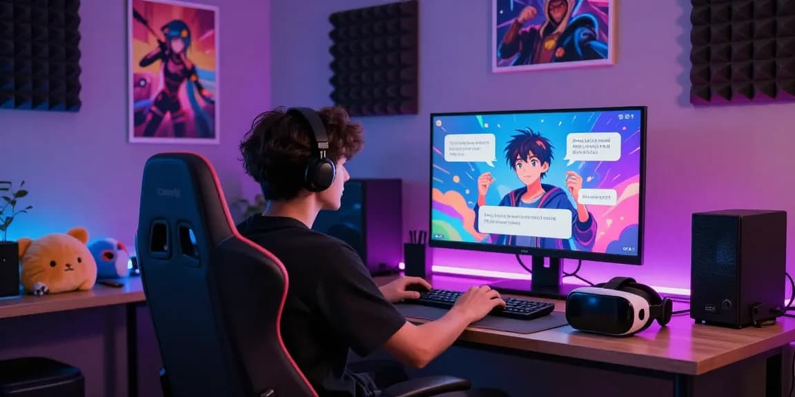 Immersive user engaging in ai ecchi chat with vibrant anime characters displayed on screen.