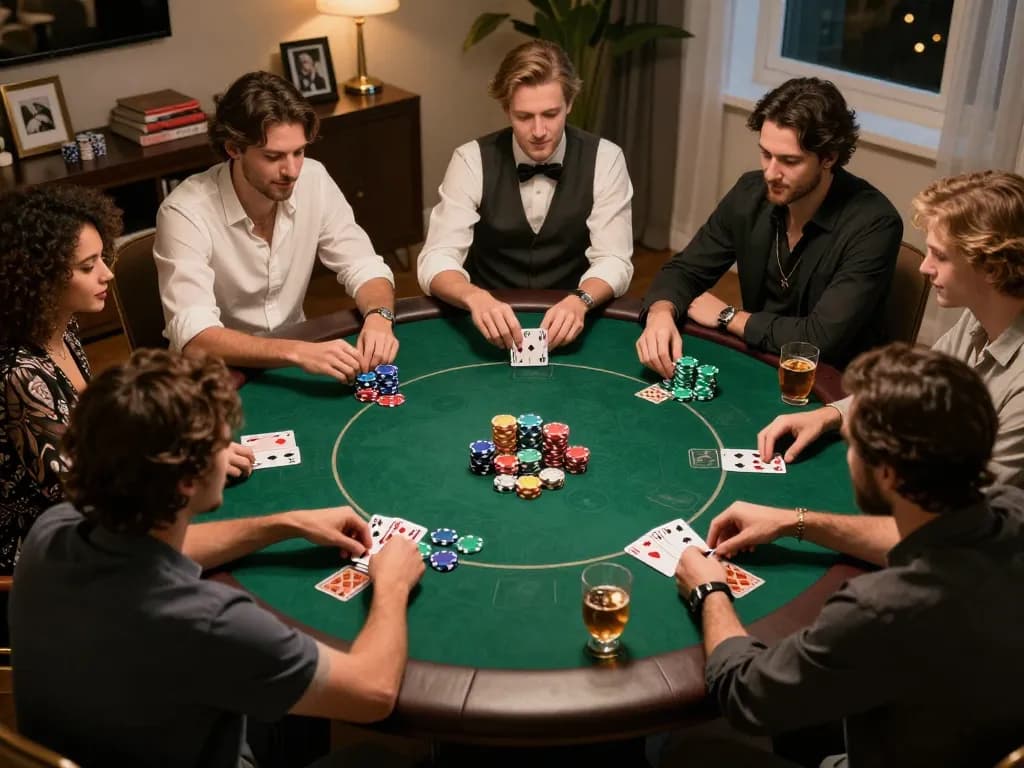 Enjoying an intense poker game at home with friends, showcasing LC88's engaging gambling experience.