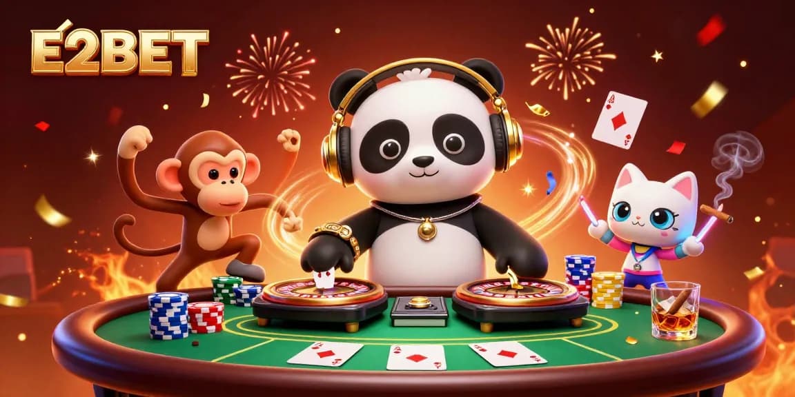 E2BET's vibrant casino scene showcases excitement with a DJ panda, dancing monkey, and playful kitten.