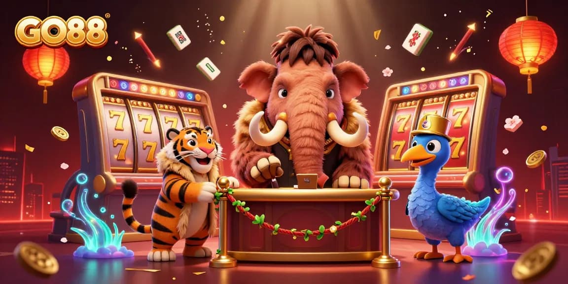 Experience the GO88 casino VIP entrance with dynamic 3D characters and iconic gaming elements.