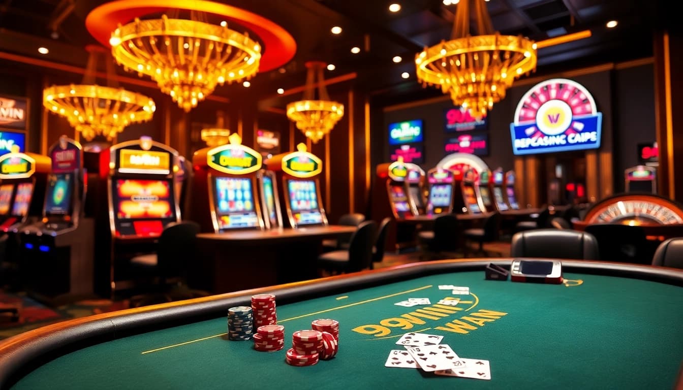 Experience the excitement of gambling at 99WIN's luxurious casino with vibrant tables and slots.