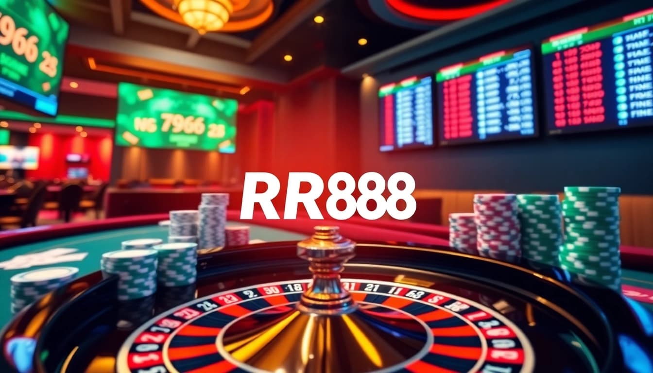 RR88 online gambling interface with roulette wheel and poker chips in an exciting casino setting.