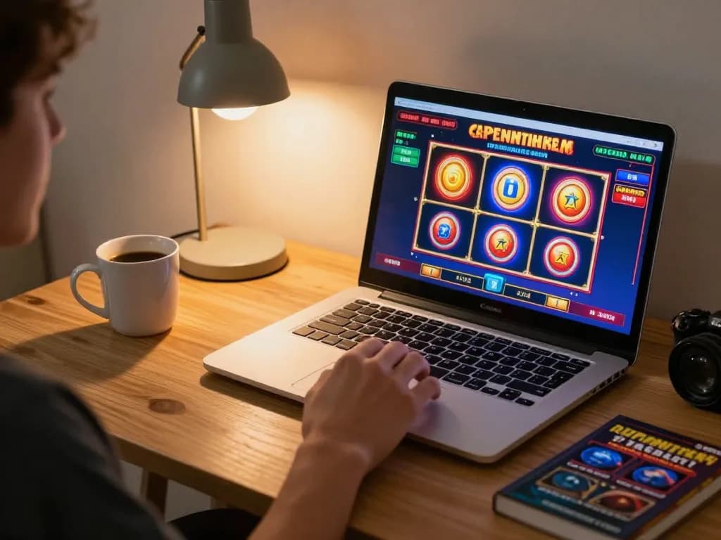 Engaging online gaming with net88, vibrant slot action on laptop at cozy home desk.