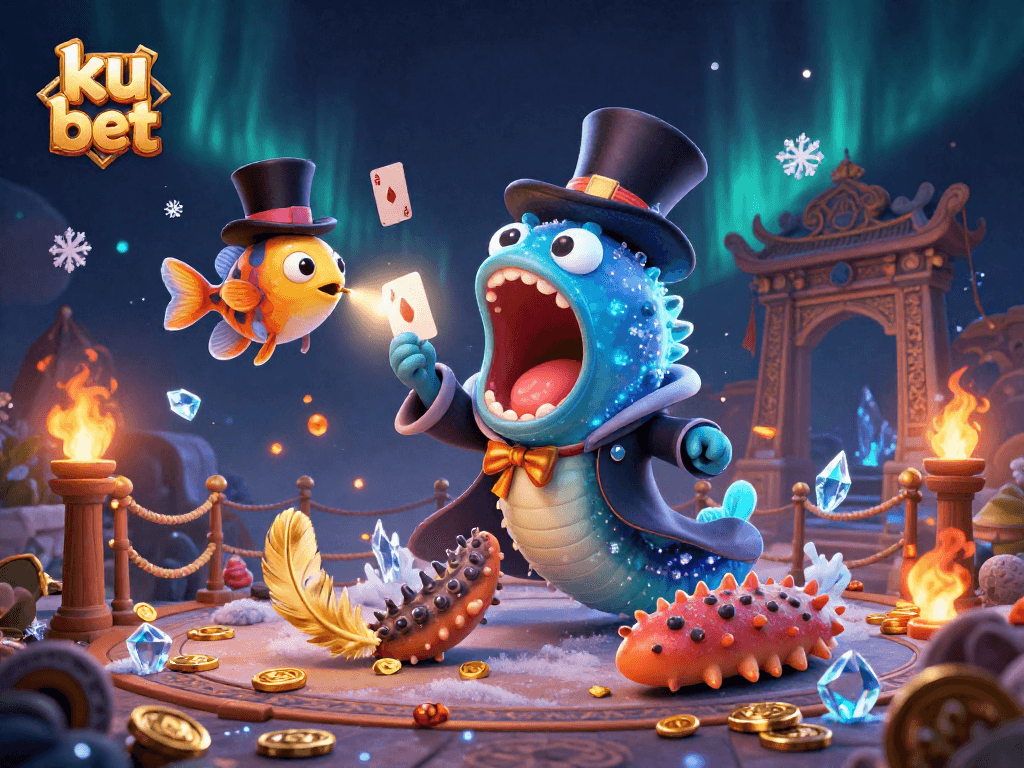Experience the magic of ku bet with a bioluminescent eel performing tricks in a vibrant casino scene.