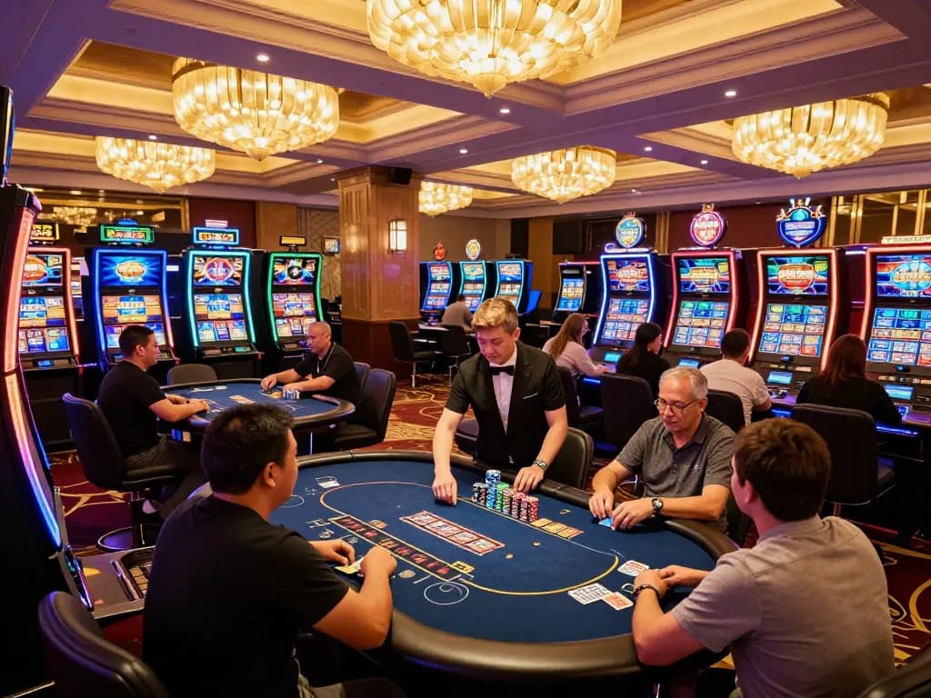 Players engaging in exciting games at Man88 casino, with vibrant slot machines and poker tables