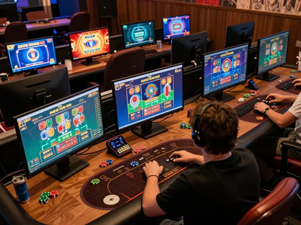 88clb player engaged in online casino gaming on multiple screens in a modern workspace