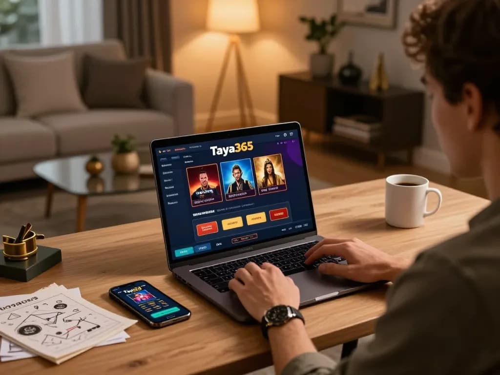 Taya365 player engaging in online gaming at home with laptop and smartphone.