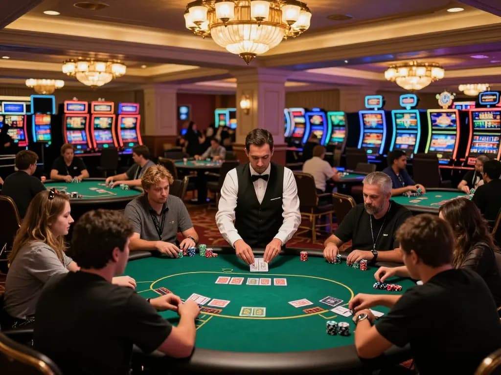 Engaged players enjoying F168 poker game at a vibrant casino table with chips and cards in action.