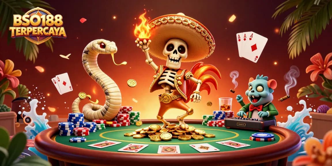 Join the excitement of BSO188 TERPERCAYA with a vibrant casino scene featuring dynamic characters and poker elements.