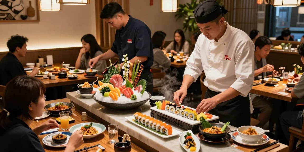 Customers savoring Asian fusion dishes at RED88 restaurant, showcasing vibrant food preparation and lively atmosphere.