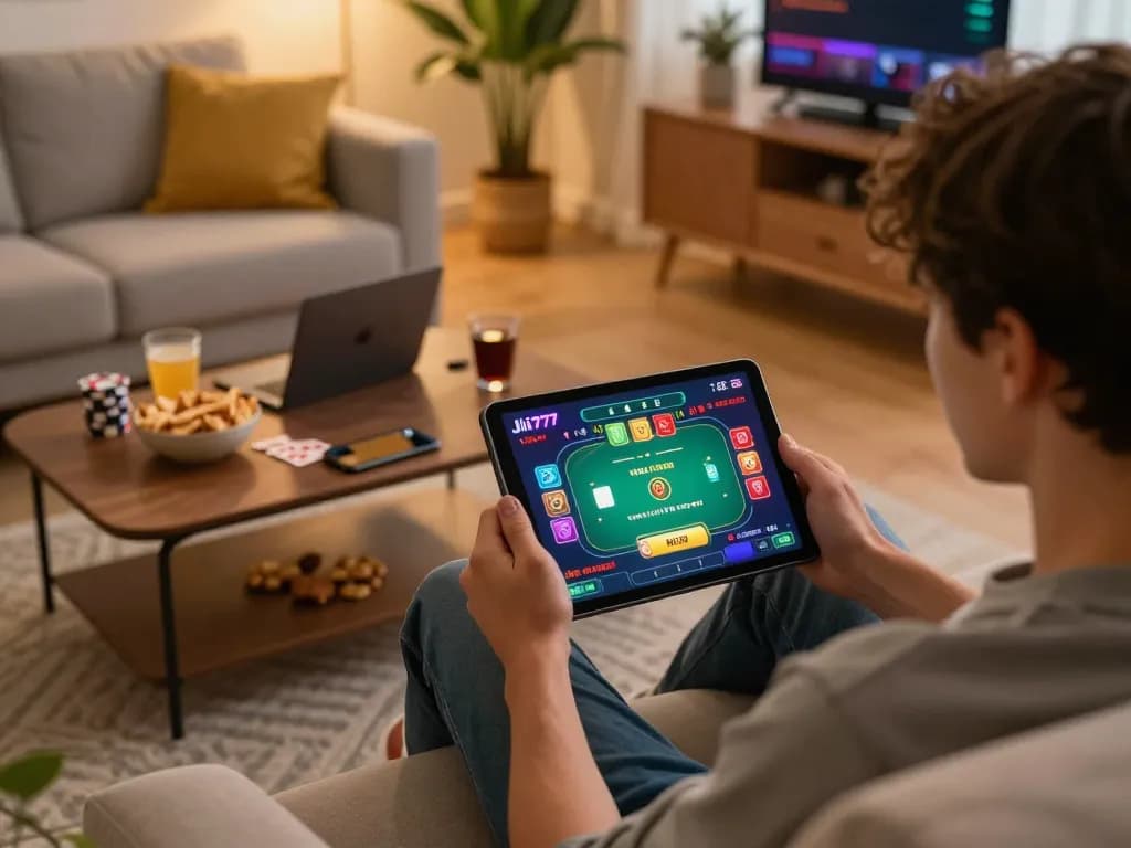 Engaging with Jili777 online casino on a tablet from a cozy home setting.