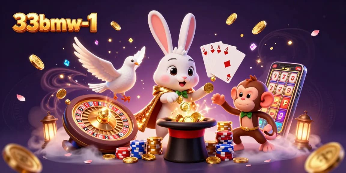 Enjoy exciting gaming with 33bmw-1, featuring a magical scene of a rabbit, dove, and monkey amidst casino elements.