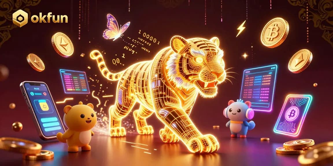 okfun casino scene featuring a glowing golden tiger prowling vibrant gaming elements.