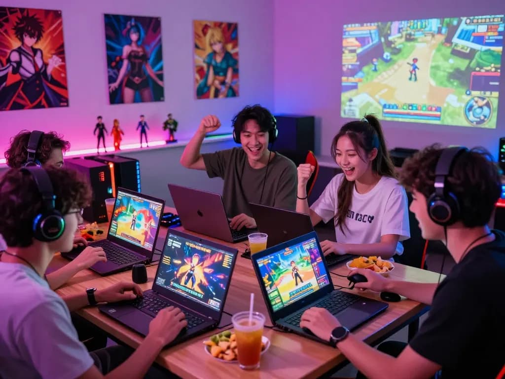 Friends enjoying an engaging hentai game session in a vibrant gaming lounge with snacks and colorful decor.