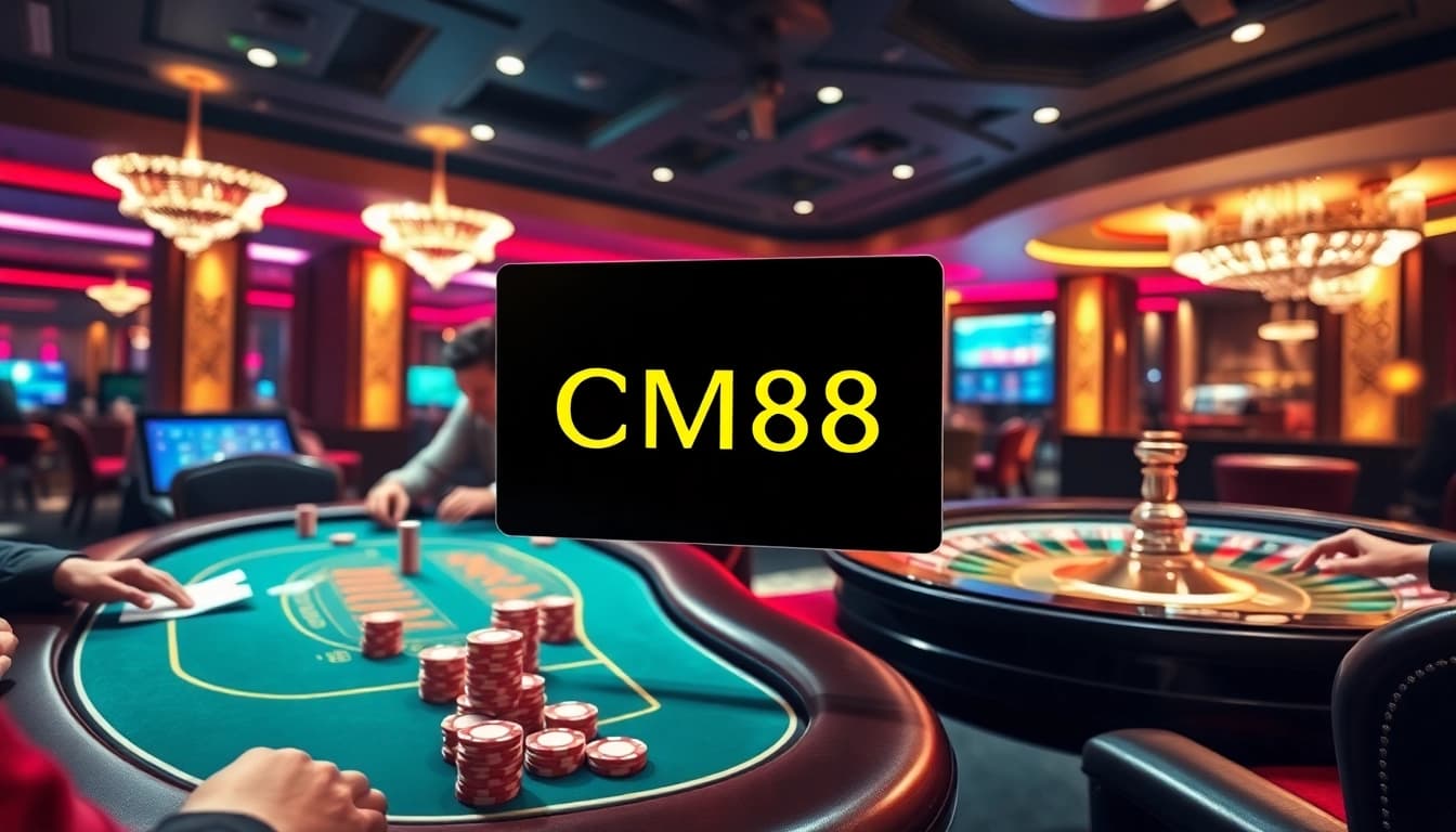 Engage in high-stakes gambling at CM88 with players strategizing around a luxurious poker table.