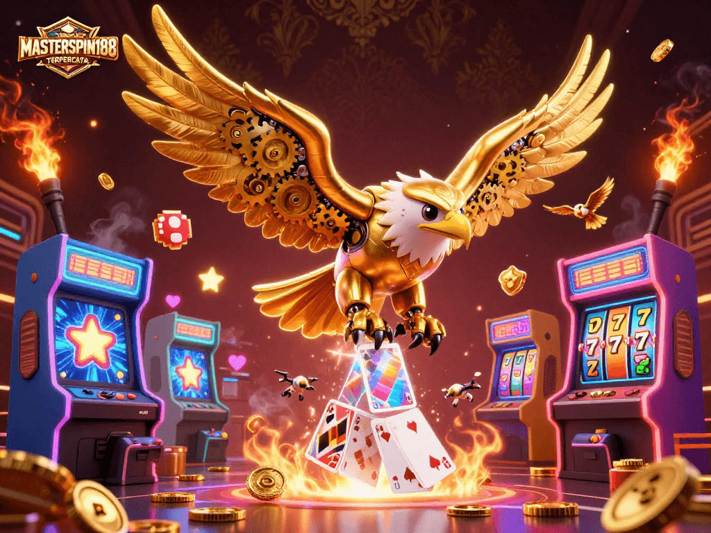 Experience the thrill of winning at MASTERSPIN188 TERPERCAYA with a dynamic 3D illustration of arcade elements.