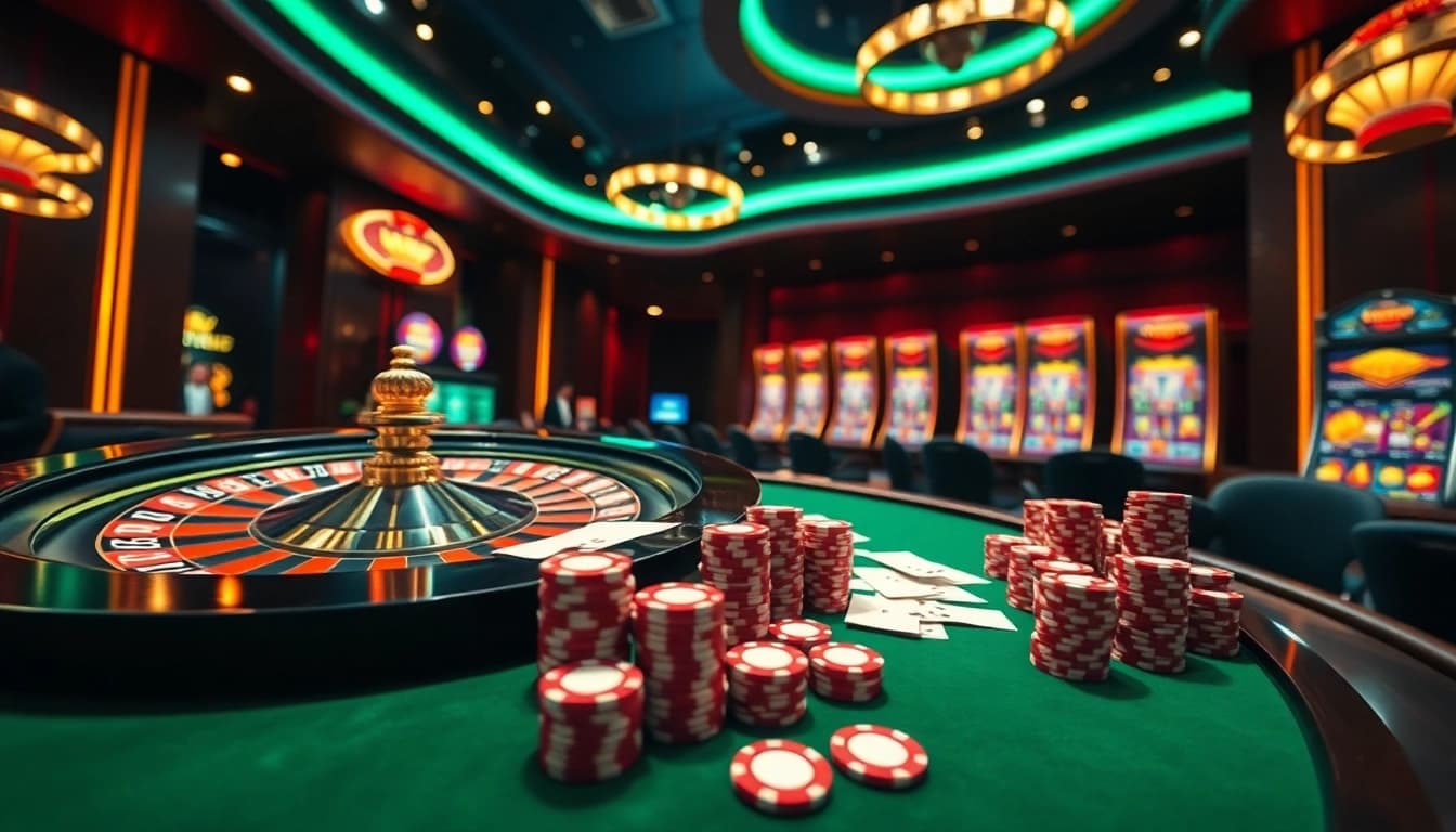 Experience exciting online gaming at nk88 com with vibrant casino elements including roulette and poker.