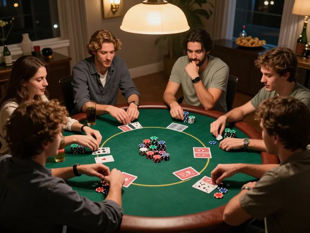 Enjoying a thrilling home poker night with friends while playing at 789win com, showcasing excitement and strategy.