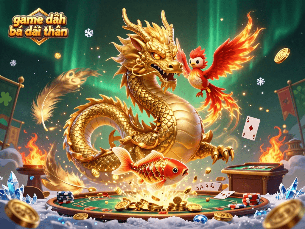 Engage in game đánh bài đổi thưởng with a colorful 3D casino scene featuring a dragon, phoenix, and koi fish.