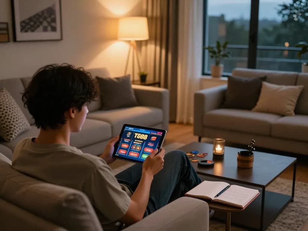 Engaging player exploring TG88 online casino on tablet at home for a strategic gaming experience.