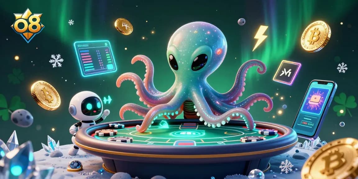Engage in thrilling poker with o8's alien octopus and a robot companion amid vibrant cosmic elements.