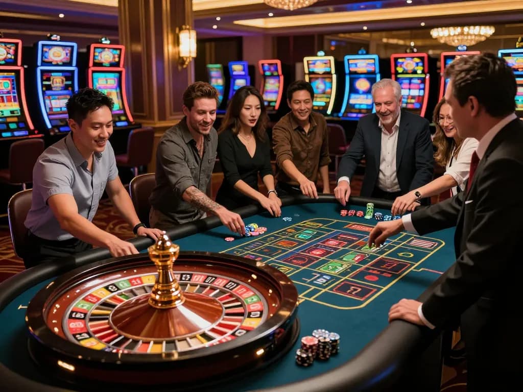 Players engaged in exciting roulette gameplay at F168's casino, vibrant atmosphere filled with action.