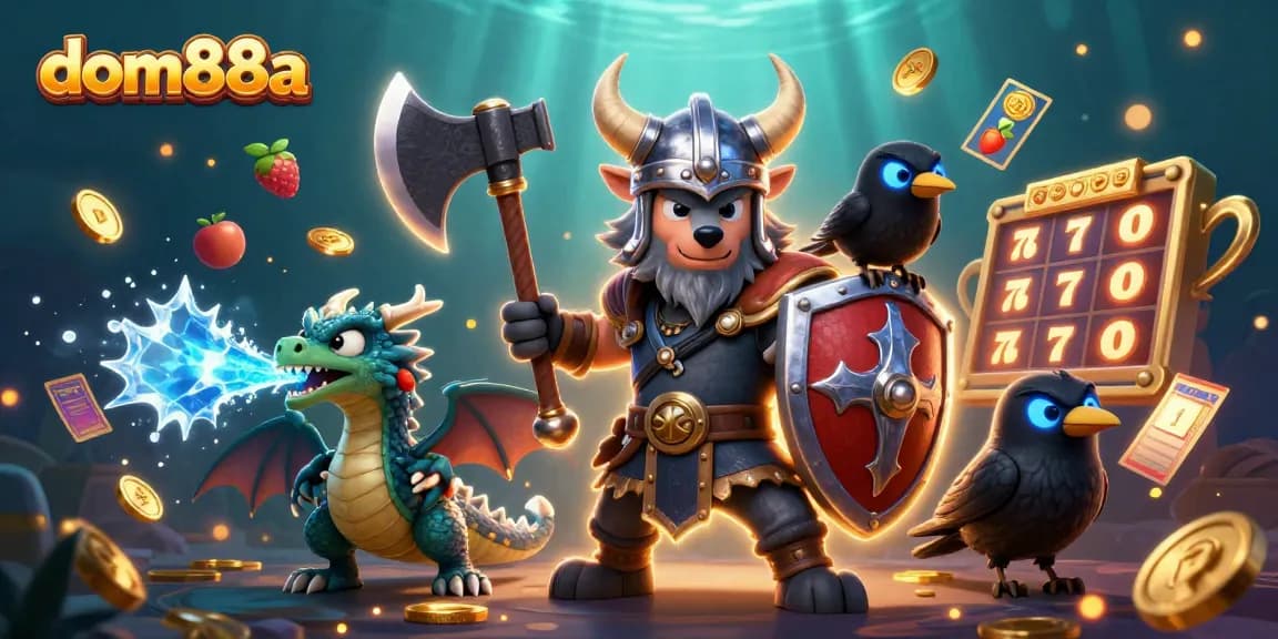 Experience the excitement of dom88a with a Viking warrior and dragon in a thrilling slot scene.