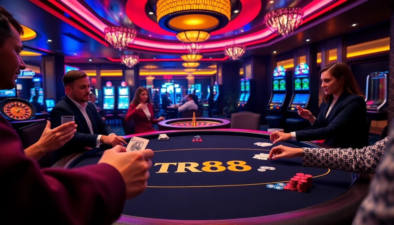 Experience the excitement of TR88 at a luxurious casino table with vibrant lights and players in action.