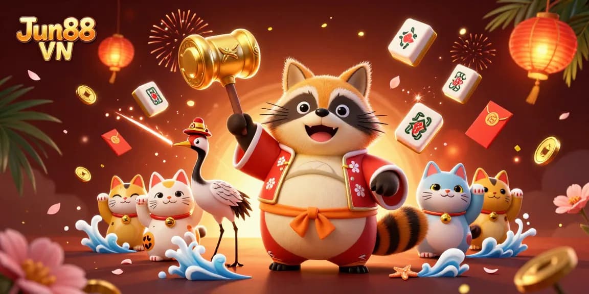 Experience top-tier gambling at Jun88 VN with the cheerful tanuki and festive elements.