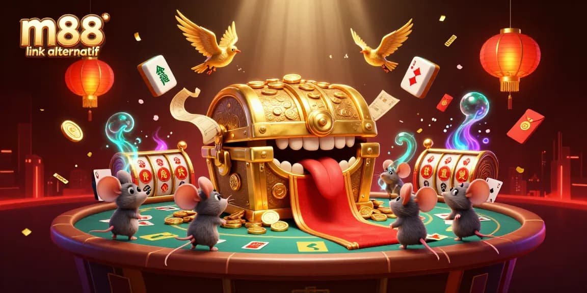Experience thrilling excitement with m88 link alternatif as cartoon mice are lured by a golden treasure chest amidst playful casino elements.