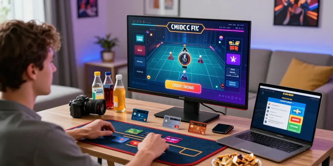 Exciting player using credit card casinos at home with multiple screens, snacks, and gaming gear.