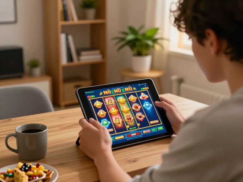 Person engaged in nổ hũ slot gaming on tablet in cozy home setting, showcasing dynamic gameplay.