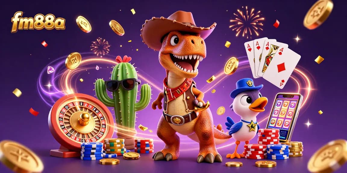 Experience the excitement of fm88a with a 3D cartoon T-Rex cowboy surrounded by casino elements.