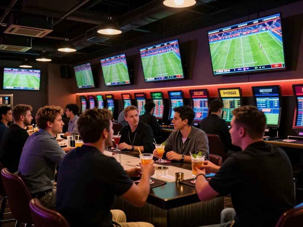 Spectators engaging in sports betting and analyzing soi kèo bóng đá odds at a lively bar