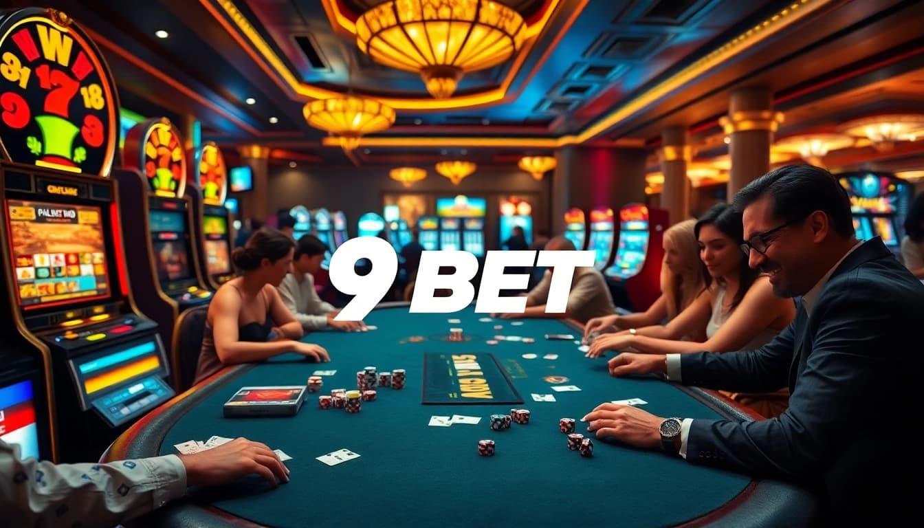 Players enjoy intense card games and slot thrills at 9BET casino, surrounded by excitement.