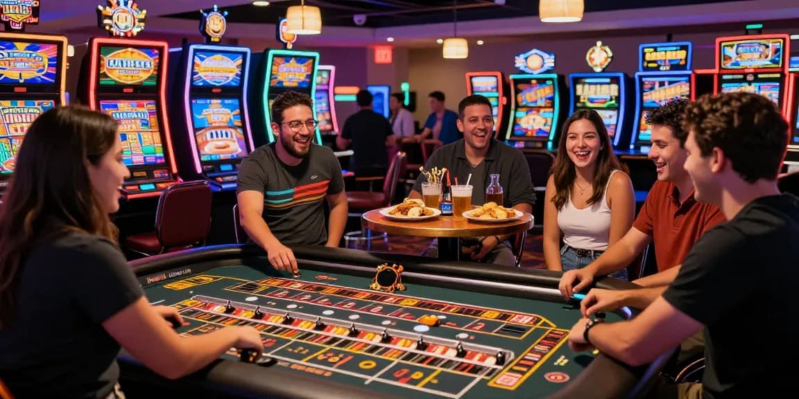 Gran Poseidon Paraguay colorful casino atmosphere with friends enjoying games and excitement.