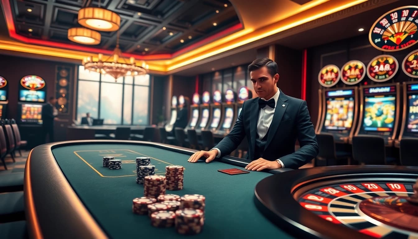 Experience the excitement of gambling with CM8888-inspired casino visuals featuring poker chips and a roulette wheel.