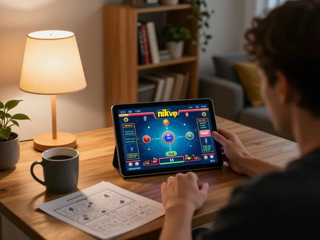 Engaged player enjoying rik vip online gaming experience with tablet in cozy living room
