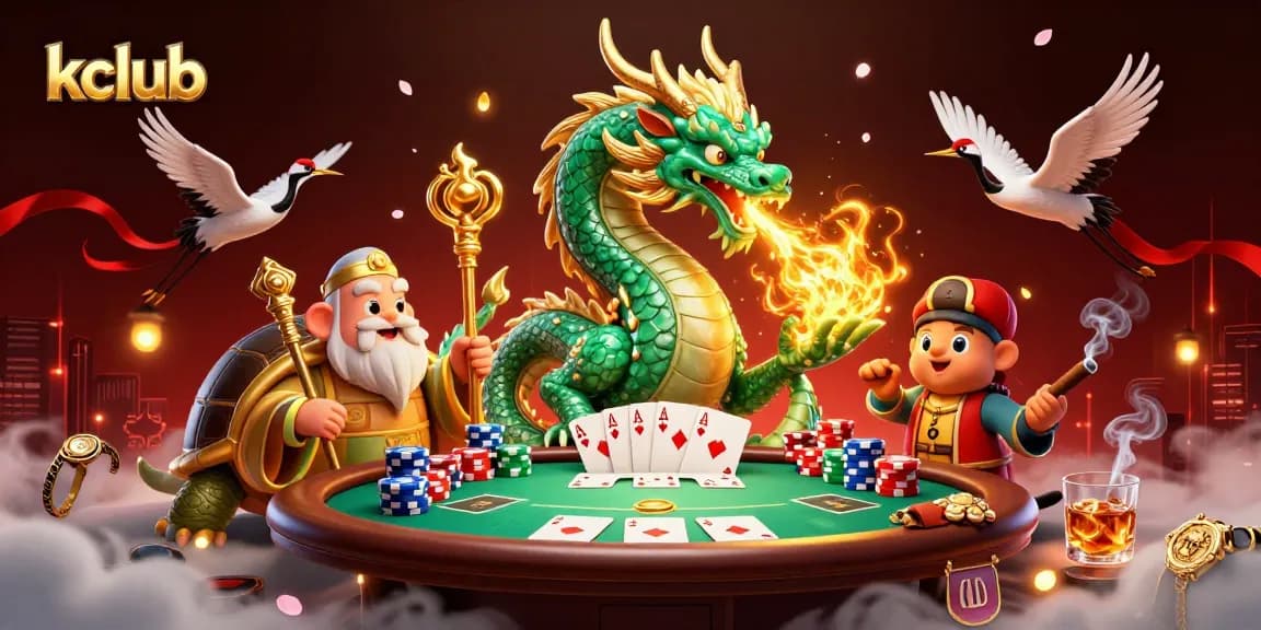 Engage in thrilling games at kclub, featuring a dynamic 3D illustration of a jade dragon and lucky cranes.
