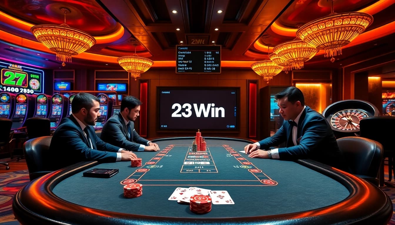 Captivating casino scene showcasing 23Win brand, featuring poker gameplay, colorful slot machines, and vibrant atmosphere.