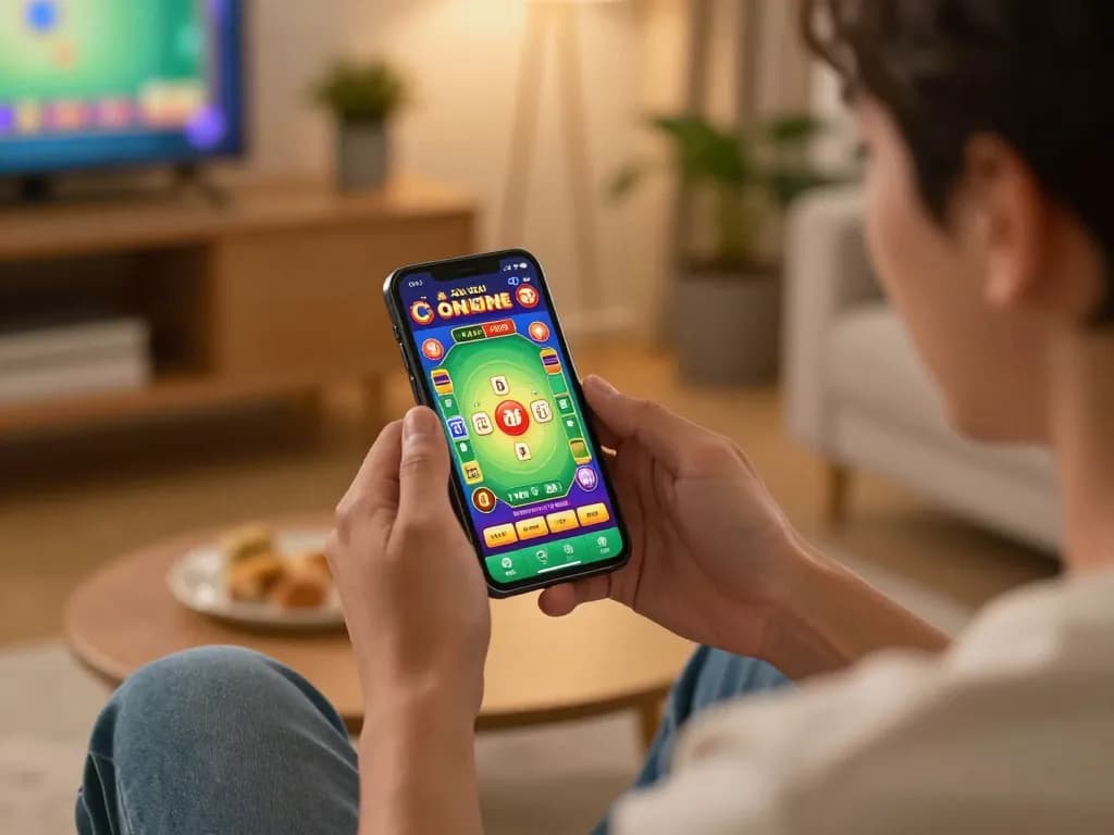 Tai xiu online gaming excitement on smartphone with vibrant graphics in cozy home setup