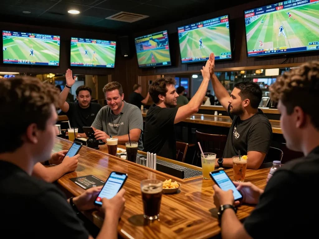 JAYA9 sports betting scene with enthusiastic bettors monitoring live cricket games on mobile, cozy bar atmosphere.
