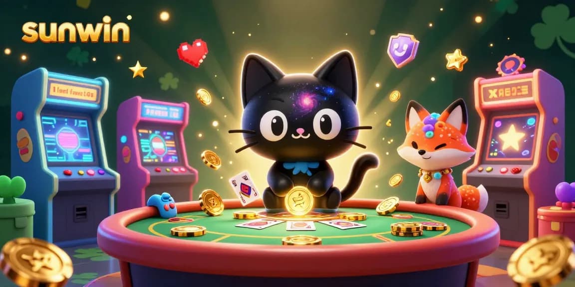 Sunwin captivates players in a cosmic casino with a black hole cat and nebula fox, drawing in chips.