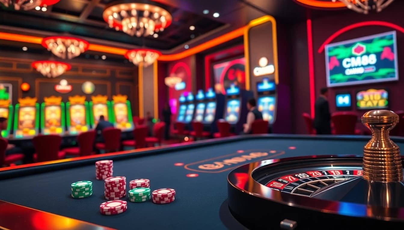 Experience the thrill of online gambling with CM88's vibrant casino layout featuring poker chips and digital betting.