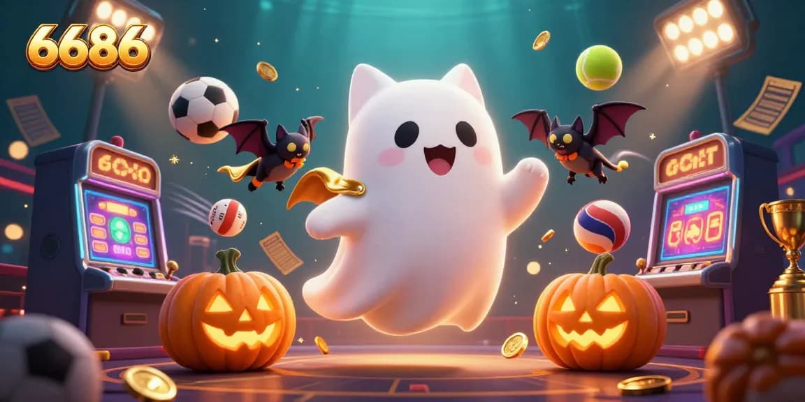 Experience thrilling 6686 casino action with a ghost cat and vampire bat in an enchanting illustration.