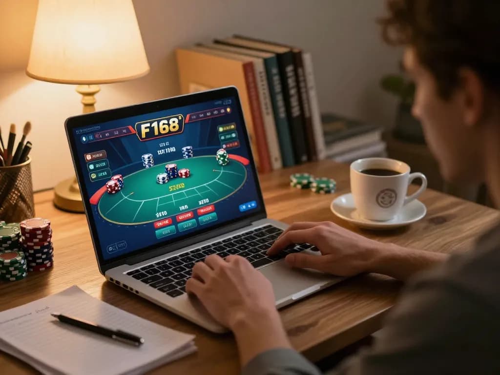 F168 online player enjoying poker gameplay on laptop, cozy setup with notes and coffee
